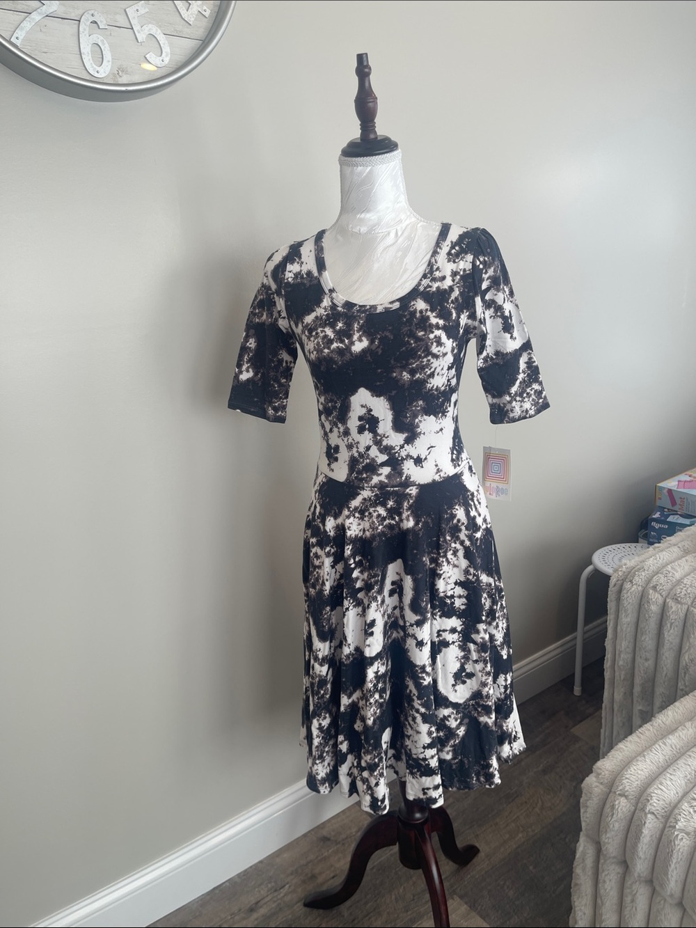 LuLaRoe Black & White Tie-Dye Midi Dress